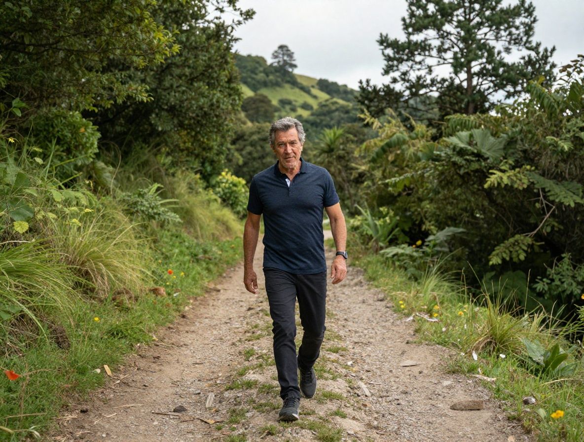 Hombre maduro de unos 50 años caminando por un sendero de montaña rodeado de bosque verde, con luz solar matinal filtrándose entre los árboles, transmitiendo energía y vitalidad natural