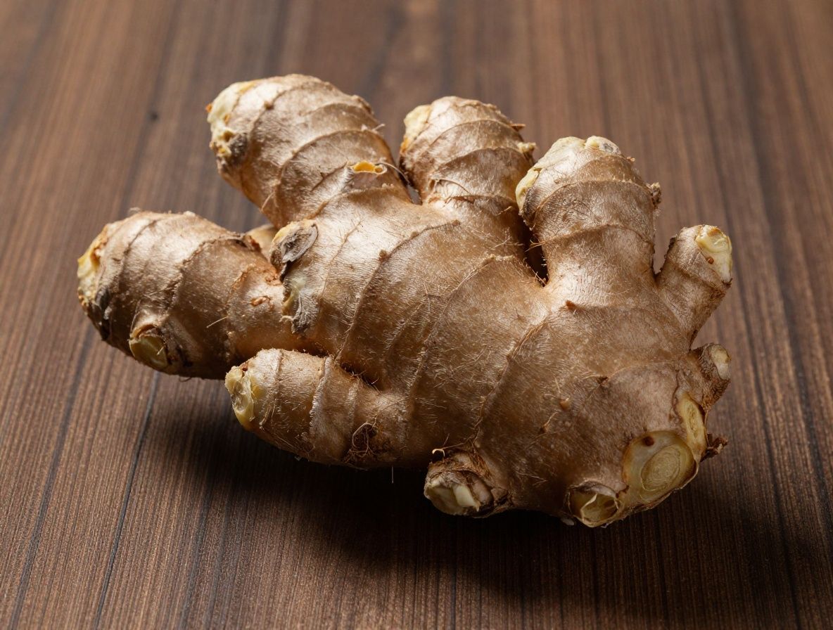 Raíz de jengibre fresca con piel rugosa y texturas naturales sobre fondo de madera oscura, con luz lateral que resalta sus detalles botánicos