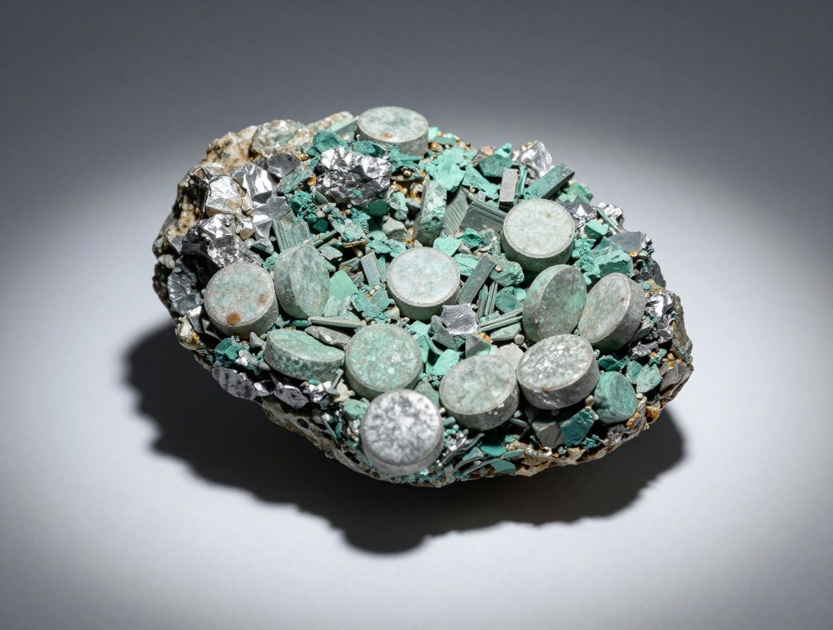 Zinc mineral representado por tabletas naturales de color gris verdoso sobre una superficie de pizarra, con luces de laboratorio que crean sombras geométricas, estilo ilustración científica