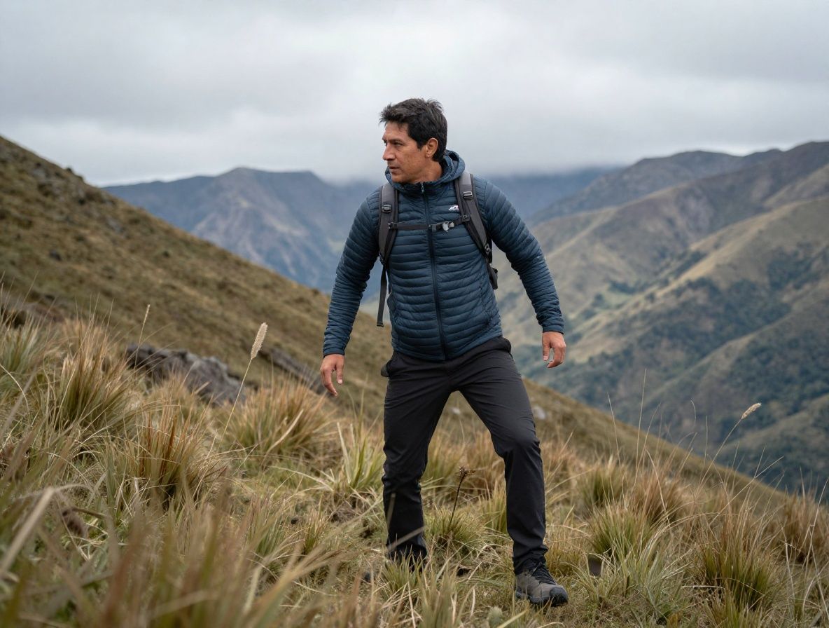 Hombre latinoamericano de unos 45 años realizando una caminata en las montañas colombianas con cielo despejado, equipado con ropa deportiva casual, transmitiendo energía y movimiento activo