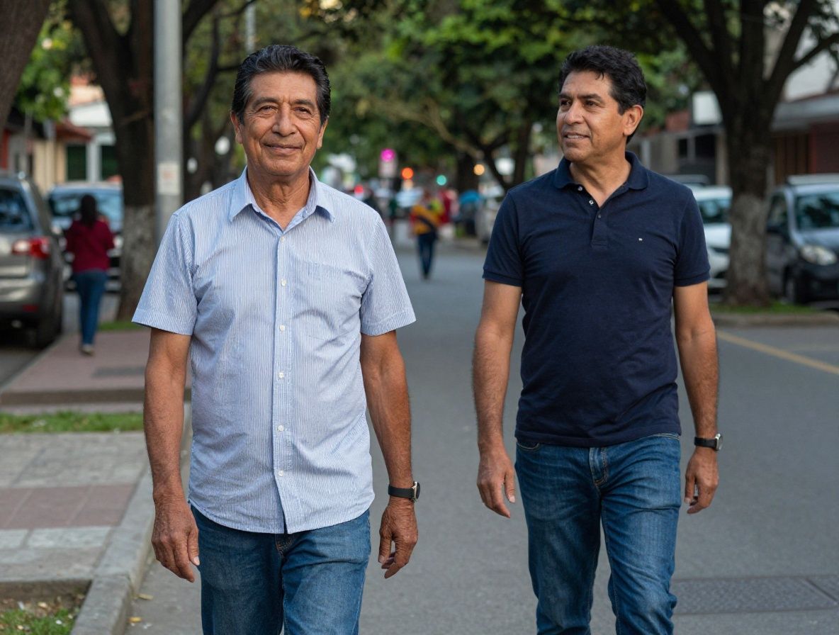 Hombre latinoamericano de unos 58 años caminando con su pareja por un parque urbano arbolado de Bogotá al atardecer, ambos con expresiones alegres y relajadas, imagen de bienestar compartido